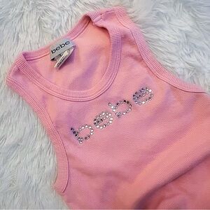 Gorgeous Y2K bebe Bubblegum Pink Ribbed Tank Top Small Rhinestone Logo